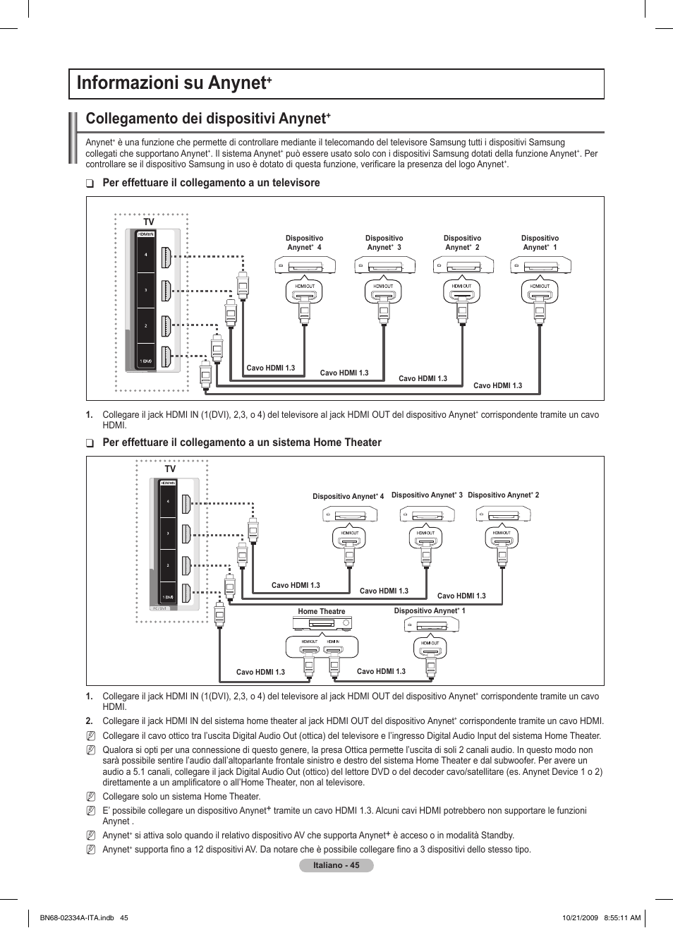 Informazioni su anynet, Collegamento dei dispositivi anynet, Per effettuare il collegamento a un televisore | Samsung PS58B850Y1P User Manual | Page 340 / 655