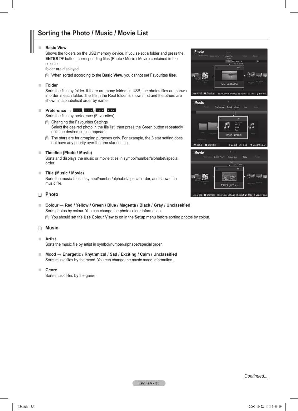 Sorting the photo / music / movie list, Photo, Music | Continued, Basic view, Artist, Sorts music files by the genre | Samsung PS58B850Y1P User Manual | Page 35 / 655