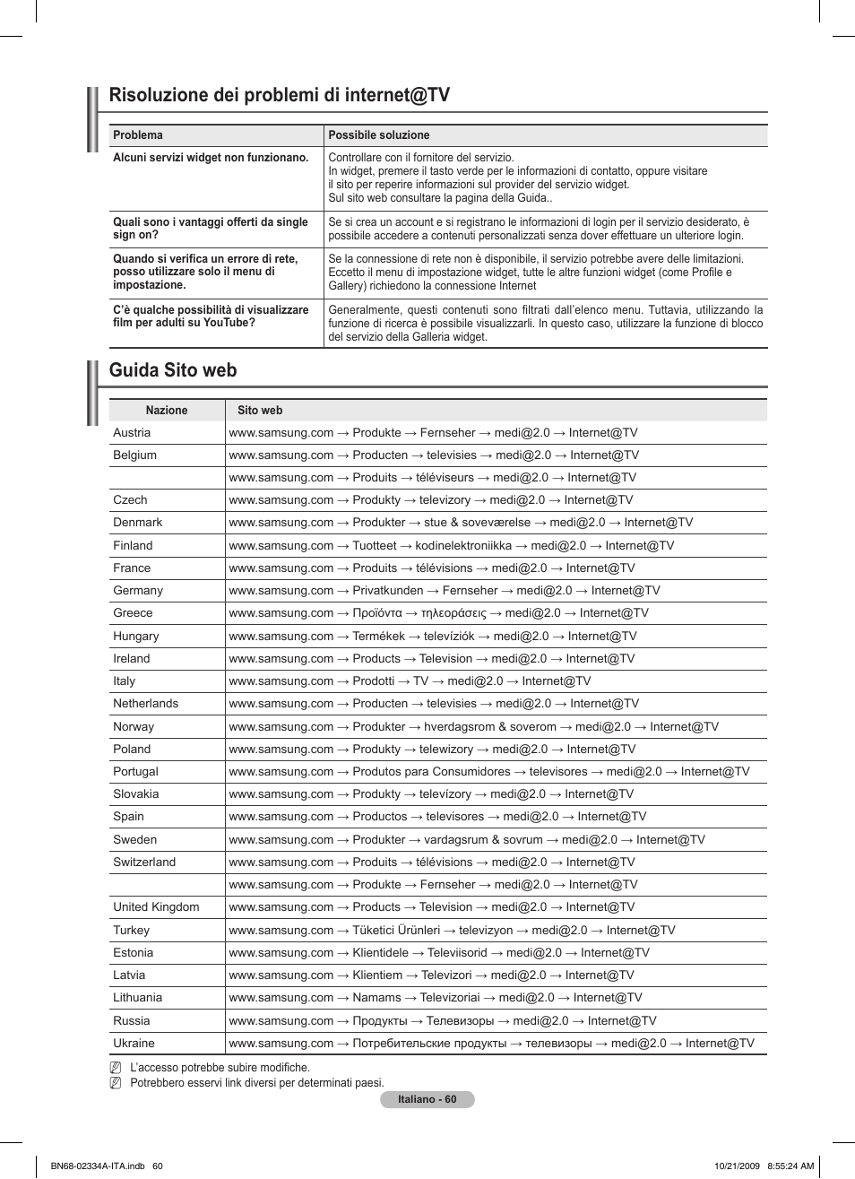 Risoluzione dei problemi di internet@tv, Guida sito web | Samsung PS58B850Y1P User Manual | Page 355 / 655