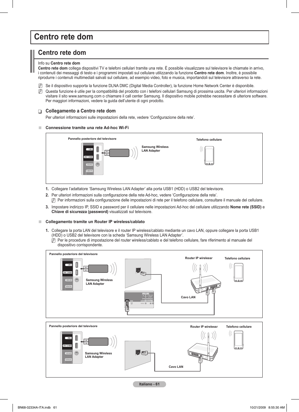 Centro rete dom, Collegamento a centro rete dom | Samsung PS58B850Y1P User Manual | Page 356 / 655