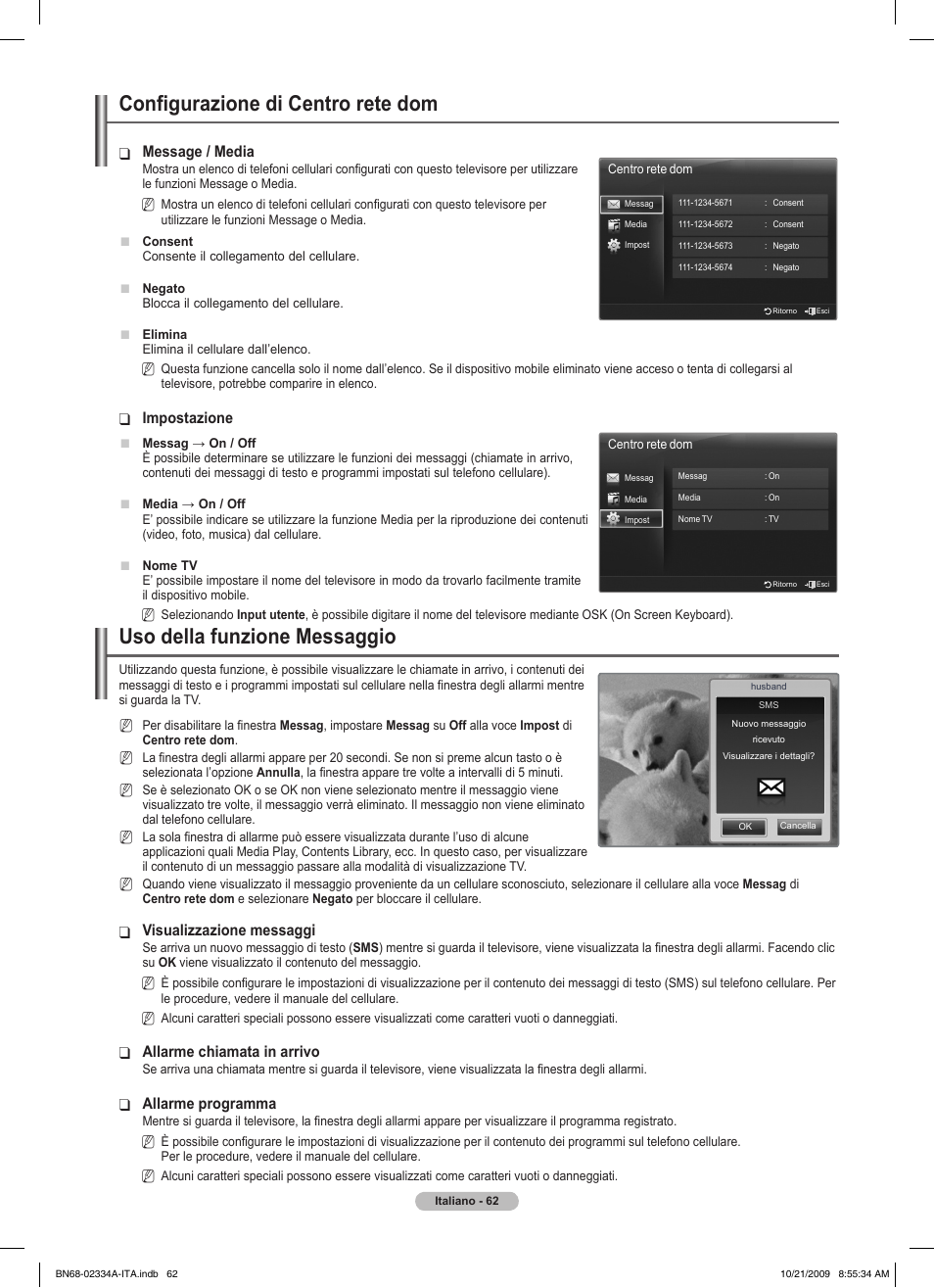 Configurazione di centro rete dom, Uso della funzione messaggio, Message / media | Impostazione, Visualizzazione messaggi, Allarme chiamata in arrivo, Allarme programma | Samsung PS58B850Y1P User Manual | Page 357 / 655