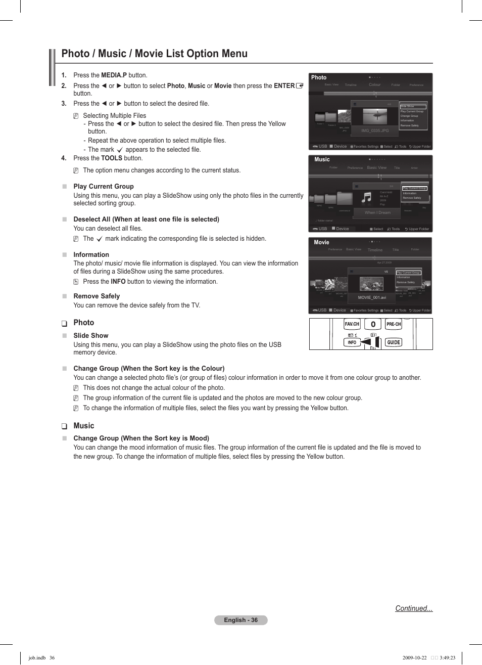 Photo / music / movie list option menu, Photo, Music | Continued, Play current group, You can deselect all files. the, You can remove the device safely from the tv, Slide show, Change group (when the sort key is mood) | Samsung PS58B850Y1P User Manual | Page 36 / 655