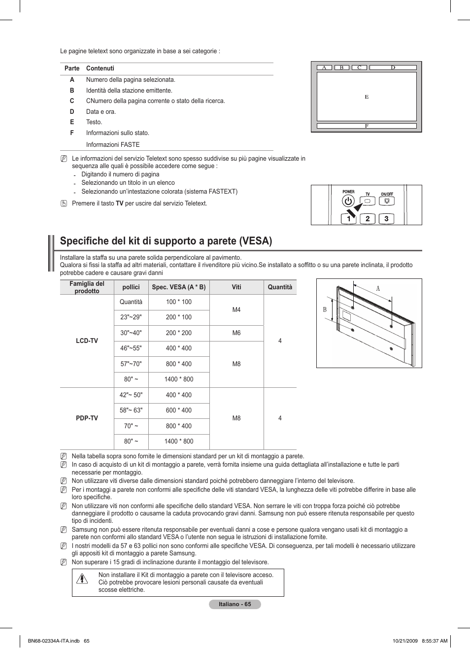 Specifiche del kit di supporto a parete (vesa) | Samsung PS58B850Y1P User Manual | Page 360 / 655