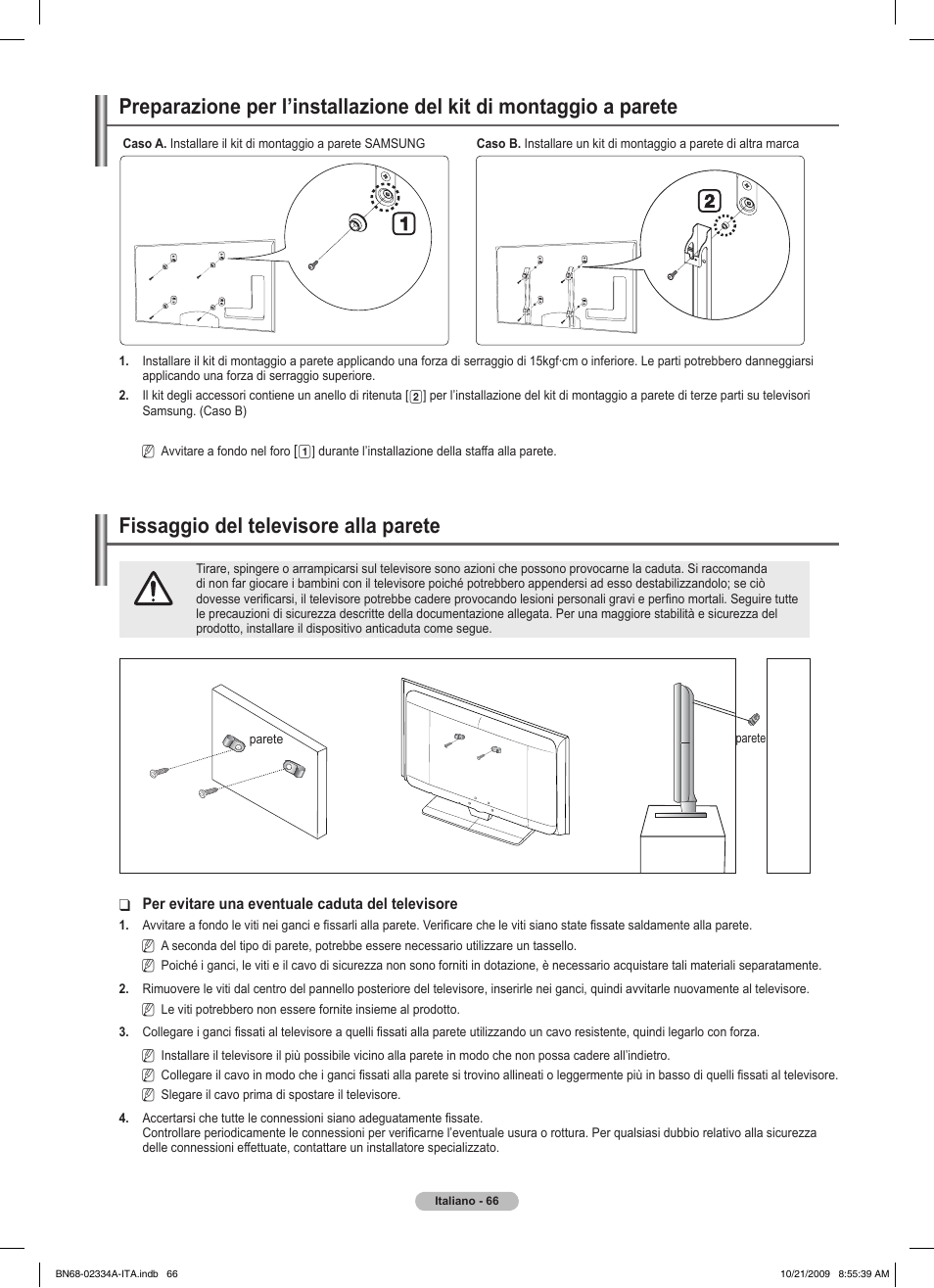 경고 주의 경고 주의, Fissaggio del televisore alla parete | Samsung PS58B850Y1P User Manual | Page 361 / 655