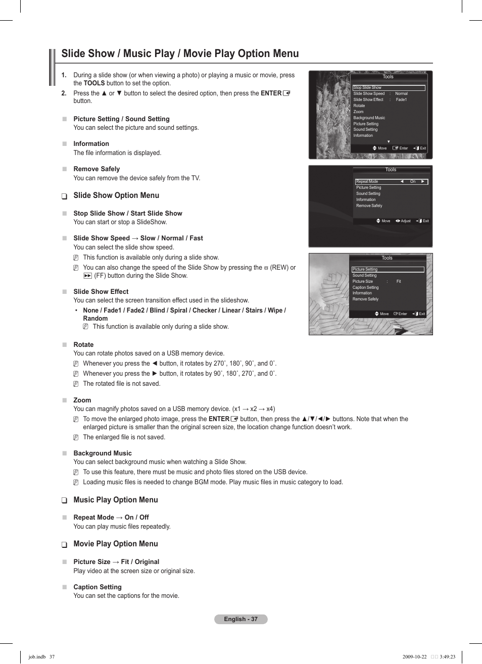 Slide show / music play / movie play option menu, Slide show option menu, Music play option menu | Movie play option menu | Samsung PS58B850Y1P User Manual | Page 37 / 655