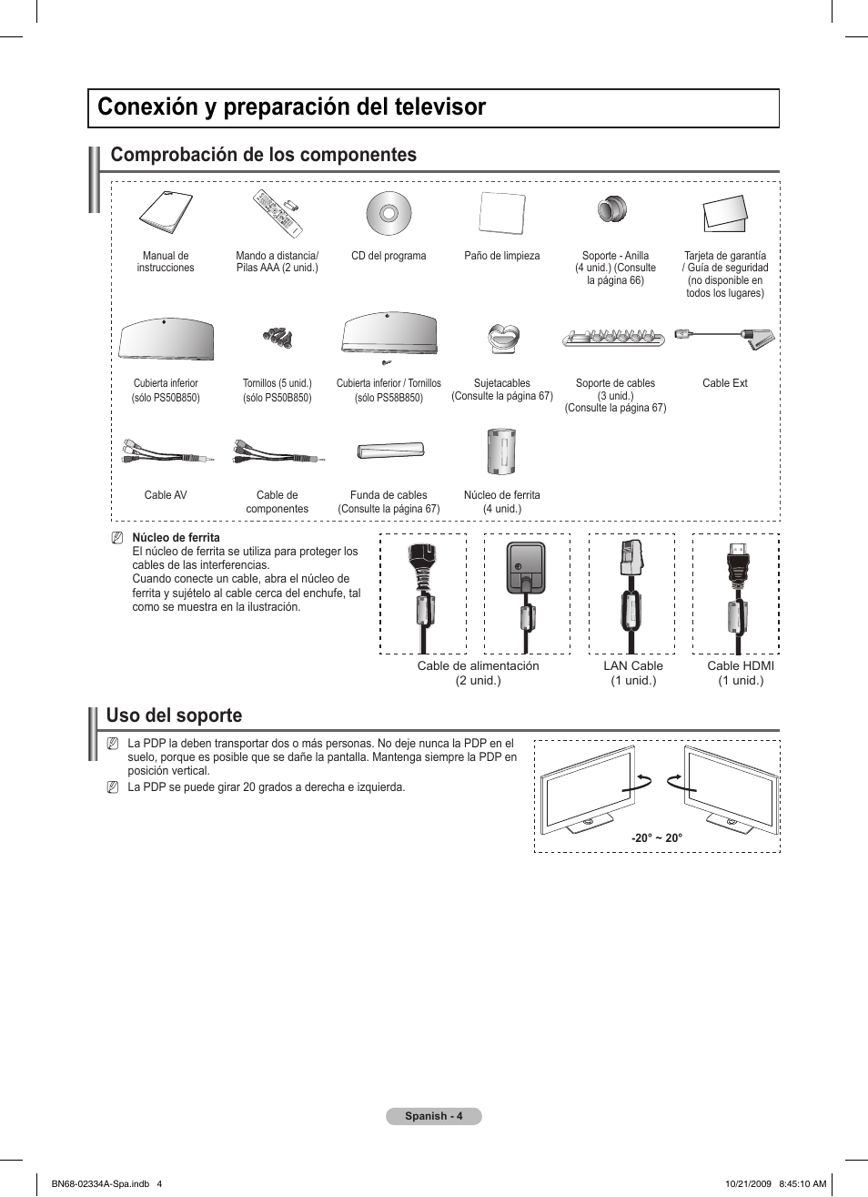 Conexión y preparación del televisor, Comprobación de los componentes, Uso del soporte | Samsung PS58B850Y1P User Manual | Page 371 / 655