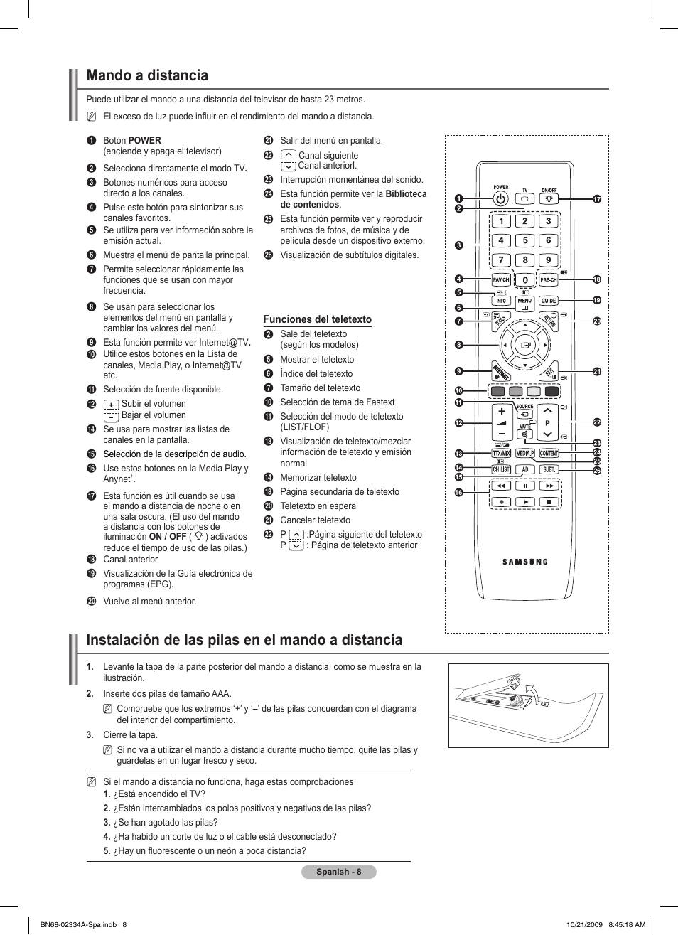 Mando a distancia, Instalación de las pilas en el mando a distancia | Samsung PS58B850Y1P User Manual | Page 375 / 655