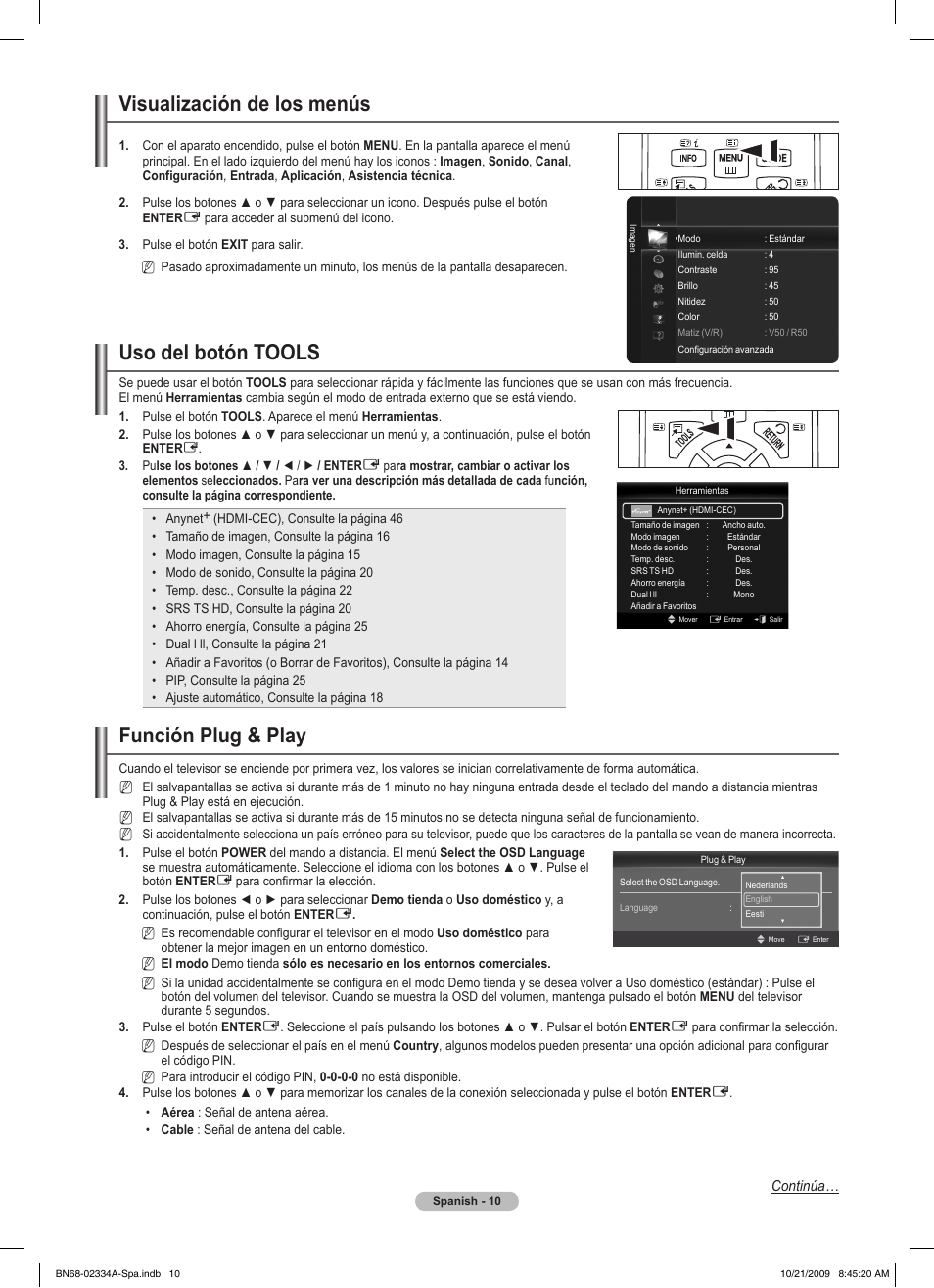 Visualización de los menús, Uso del botón tools, Función plug & play | Samsung PS58B850Y1P User Manual | Page 377 / 655
