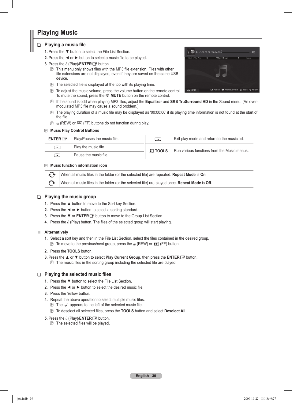 Playing music, Playing a music file, Playing the music group | Playing the selected music files | Samsung PS58B850Y1P User Manual | Page 39 / 655