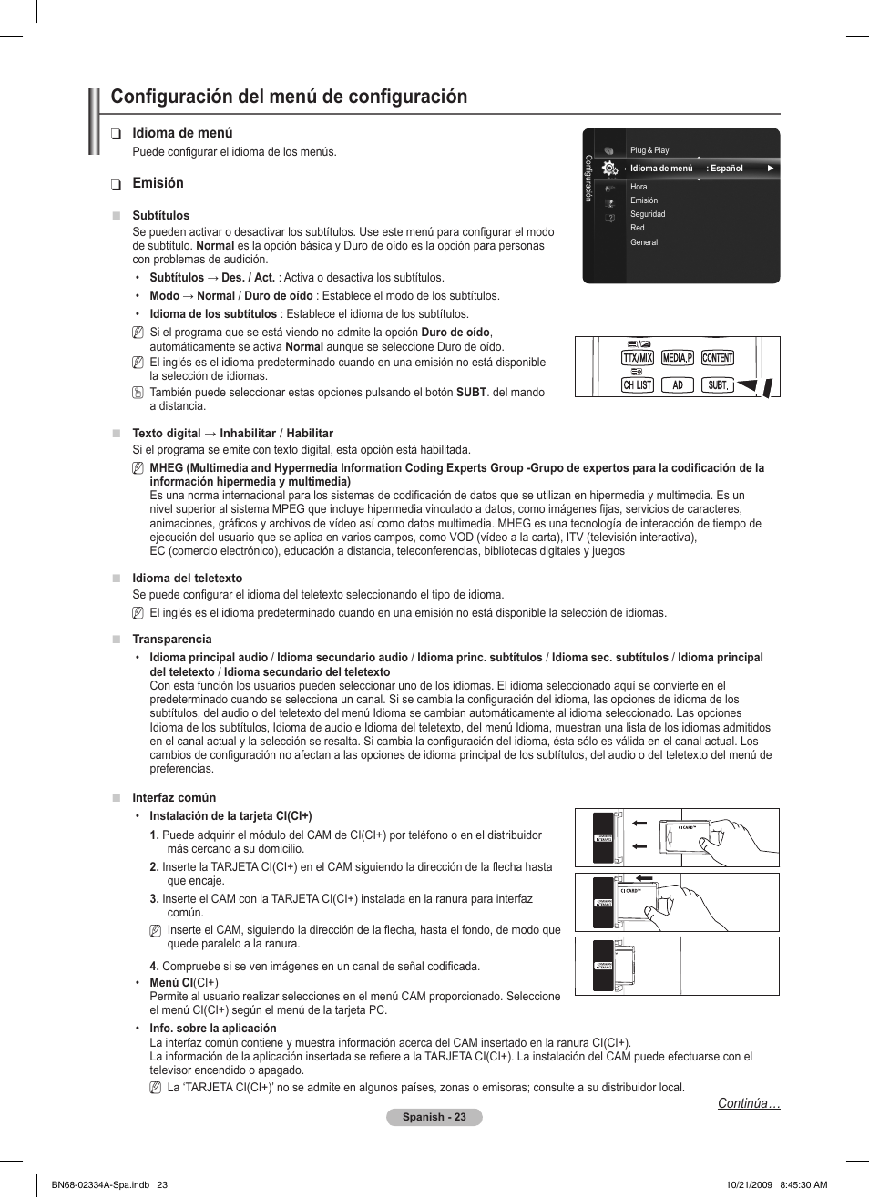 Configuración del menú de configuración | Samsung PS58B850Y1P User Manual | Page 390 / 655