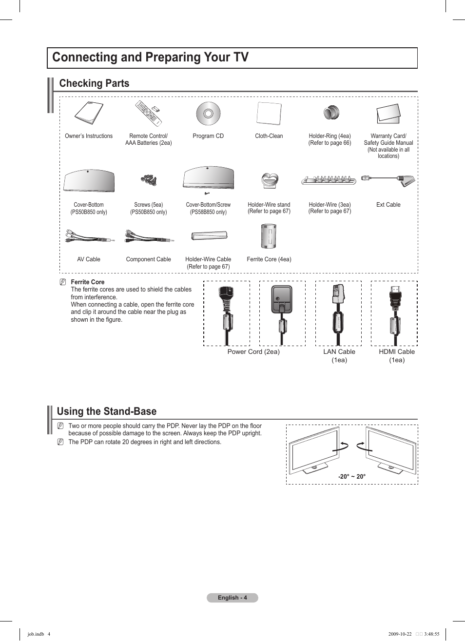 Connecting and preparing your tv, Checking parts, Using the stand-base | Samsung PS58B850Y1P User Manual | Page 4 / 655