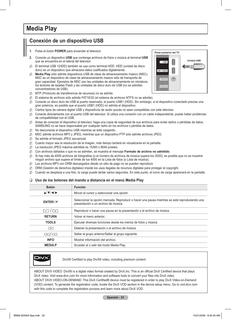 Media play, Conexión de un dispositivo usb | Samsung PS58B850Y1P User Manual | Page 400 / 655