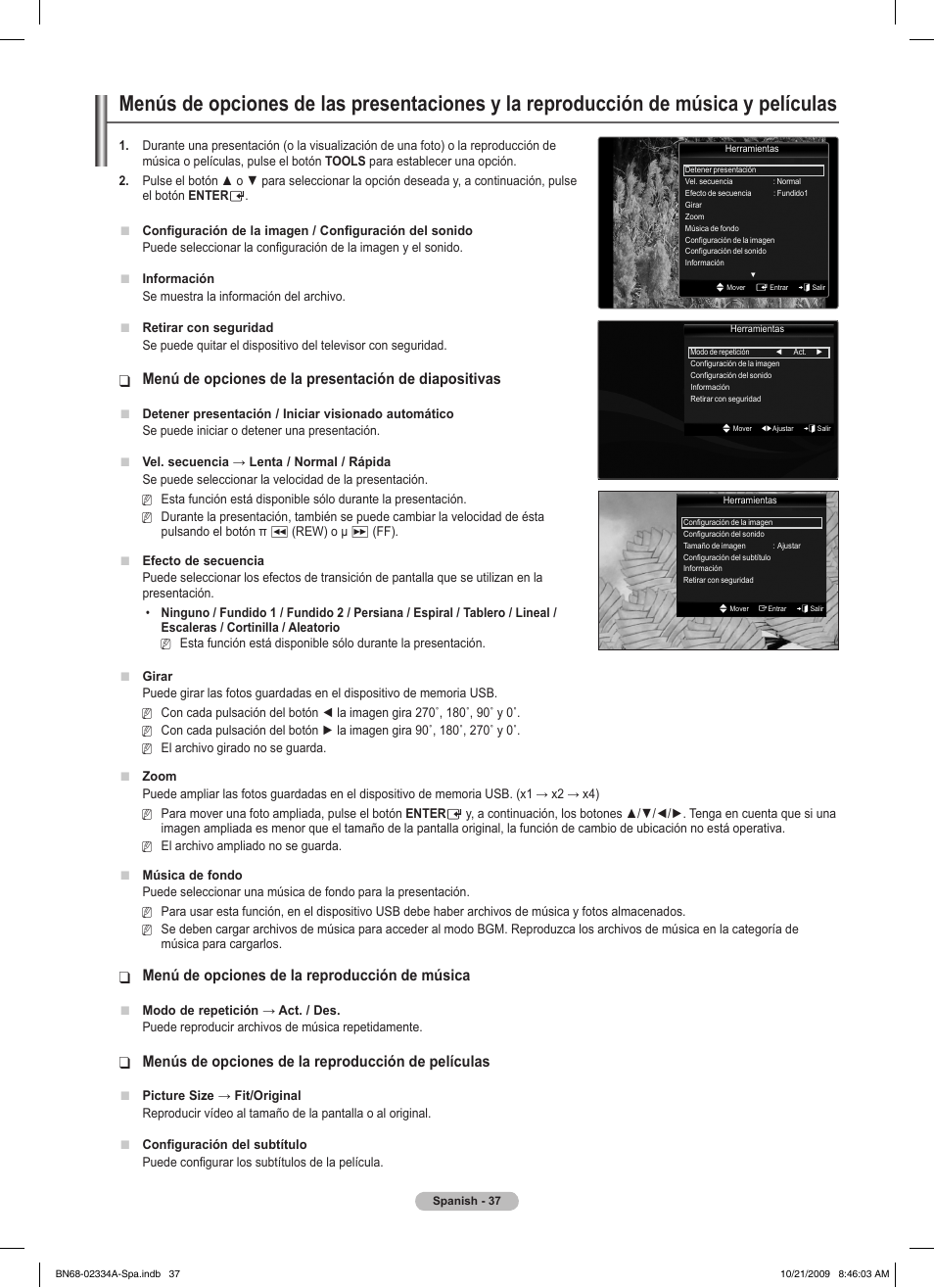 Menú de opciones de la reproducción de música, Menús de opciones de la reproducción de películas | Samsung PS58B850Y1P User Manual | Page 404 / 655