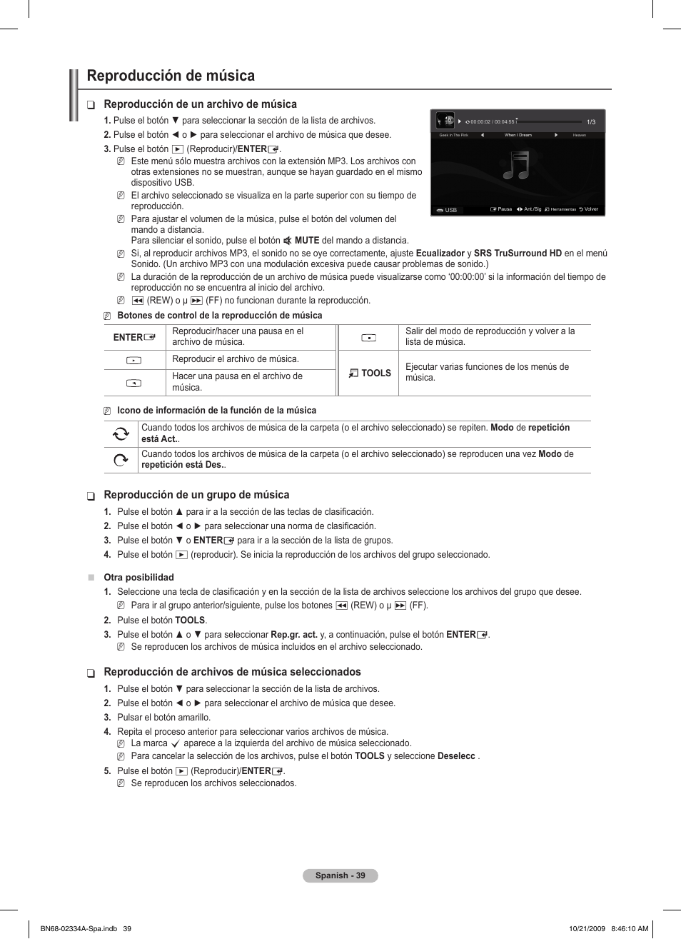Reproducción de música, Reproducción de un archivo de música, Reproducción de un grupo de música | Reproducción de archivos de música seleccionados | Samsung PS58B850Y1P User Manual | Page 406 / 655