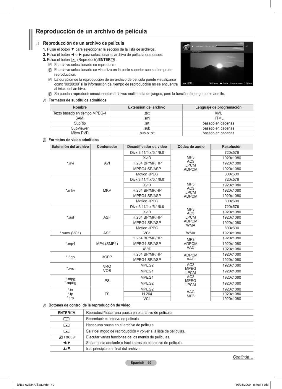Reproducción de un archivo de película | Samsung PS58B850Y1P User Manual | Page 407 / 655