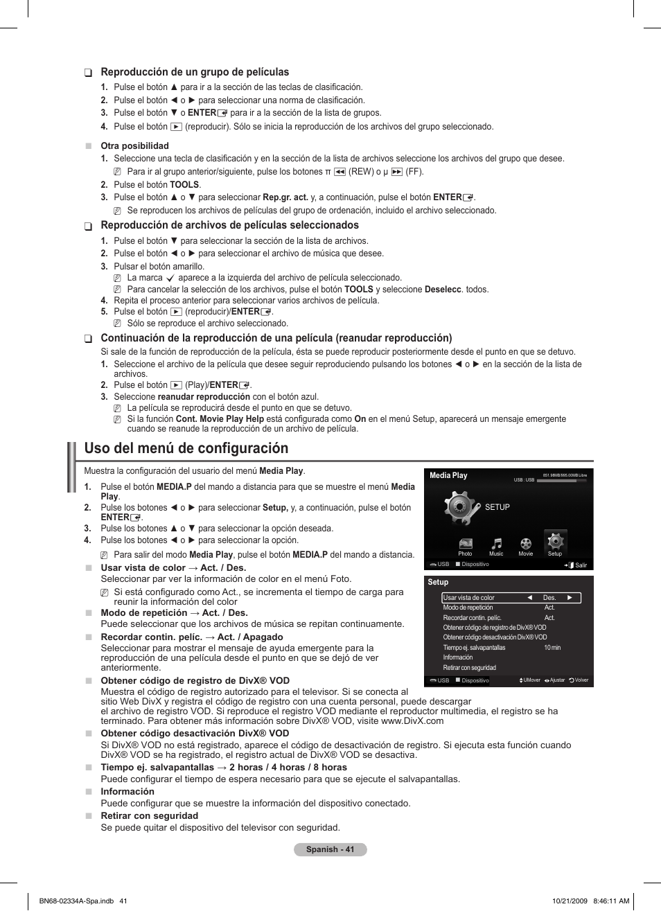 Uso del menú de configuración, Reproducción de un grupo de películas | Samsung PS58B850Y1P User Manual | Page 408 / 655