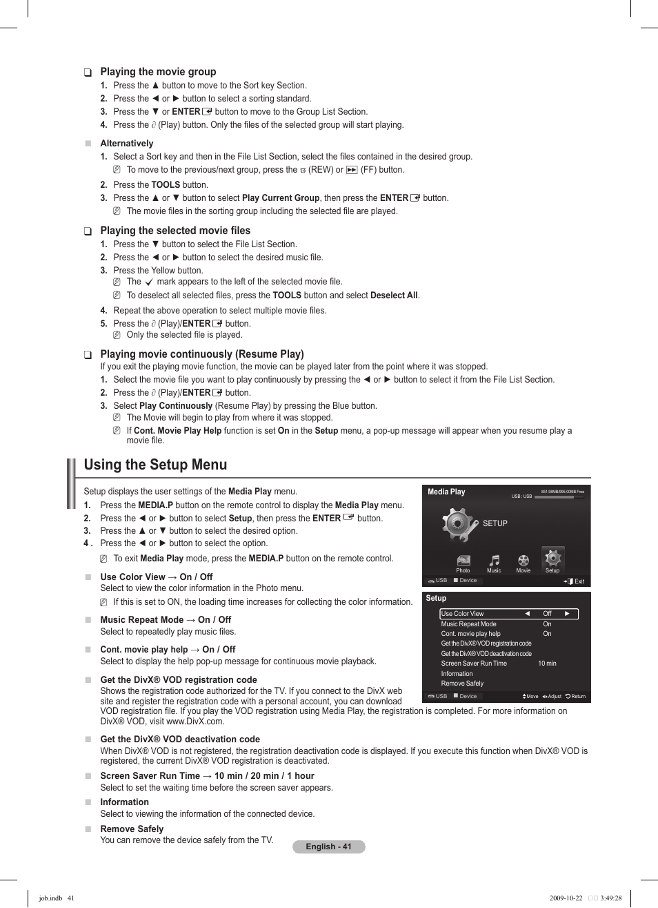 Using the setup menu, Playing the movie group, Playing the selected movie files | Playing movie continuously (resume play) | Samsung PS58B850Y1P User Manual | Page 41 / 655