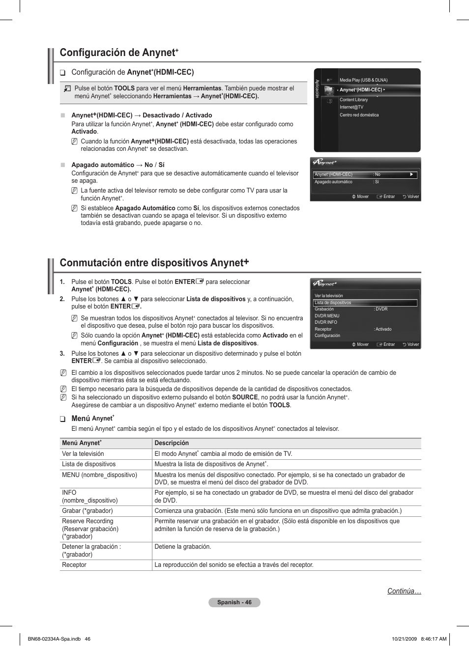 Configuración de anynet, Conmutación entre dispositivos anynet, Configuración de ❑ anynet | Hdmi-cec), Menú | Samsung PS58B850Y1P User Manual | Page 413 / 655