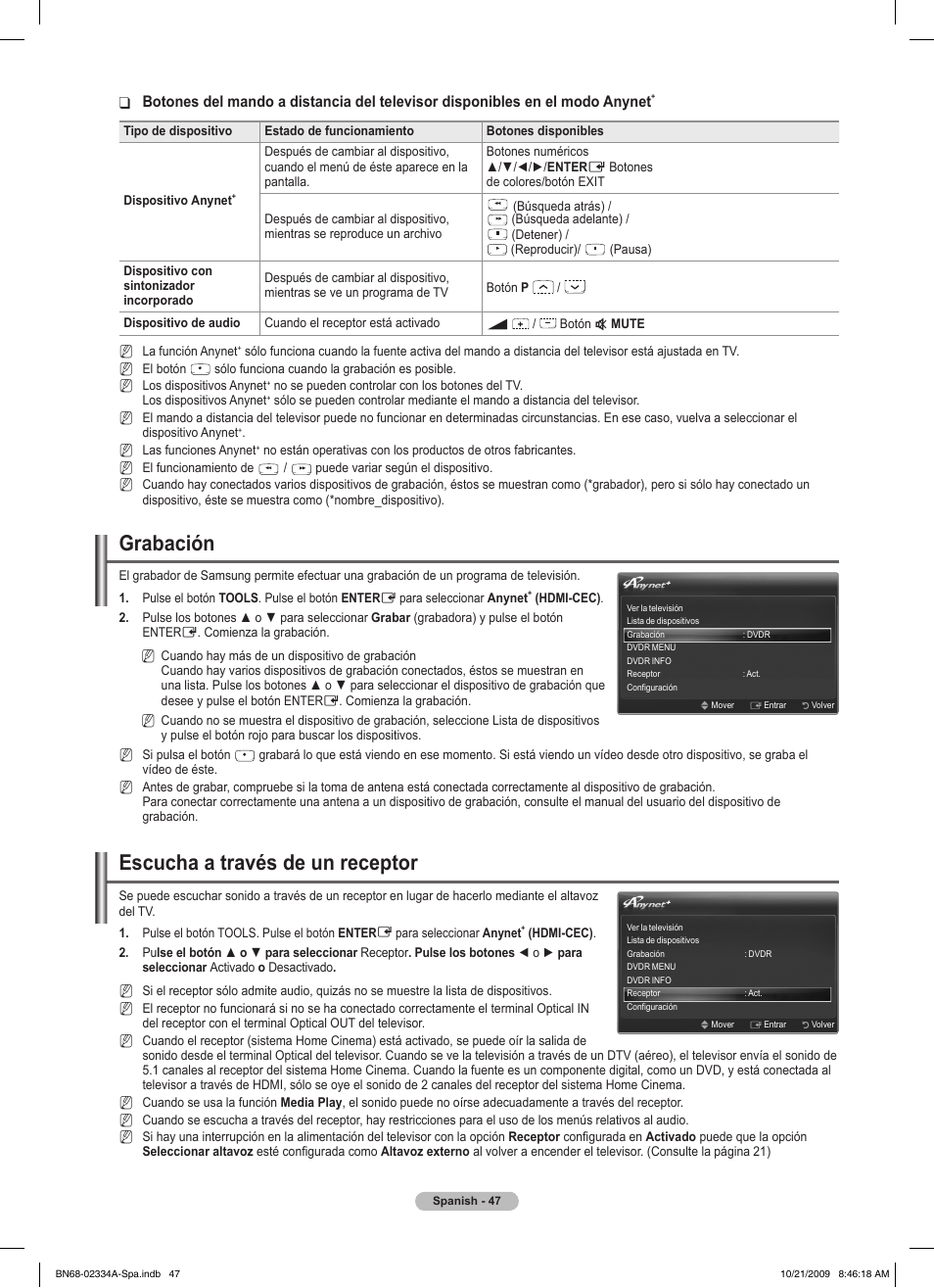 Grabación, Escucha a través de un receptor | Samsung PS58B850Y1P User Manual | Page 414 / 655