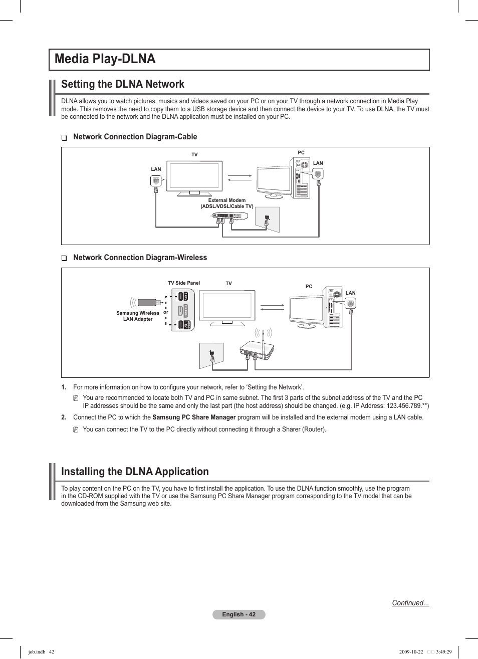 Media play-dlna, Setting the dlna network, Installing the dlna application | Samsung PS58B850Y1P User Manual | Page 42 / 655