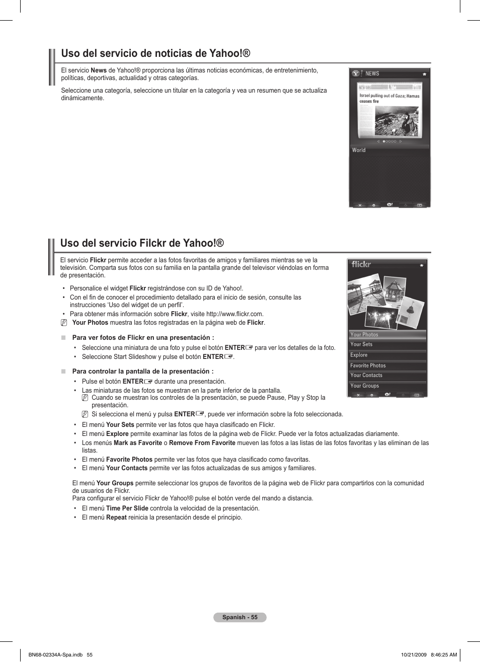Uso del servicio de noticias de yahoo, Uso del servicio filckr de yahoo | Samsung PS58B850Y1P User Manual | Page 422 / 655