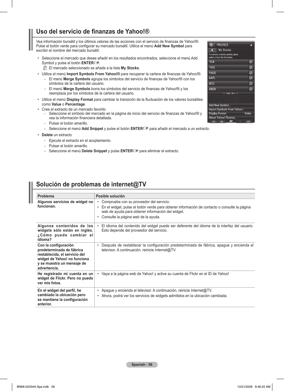 Uso del servicio de finanzas de yahoo, Solución de problemas de internet@tv | Samsung PS58B850Y1P User Manual | Page 423 / 655