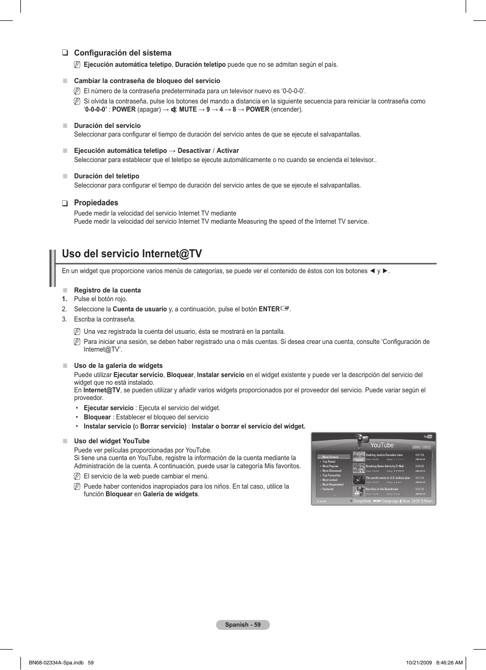 Uso del servicio internet@tv, Configuración del sistema, Propiedades | Samsung PS58B850Y1P User Manual | Page 426 / 655