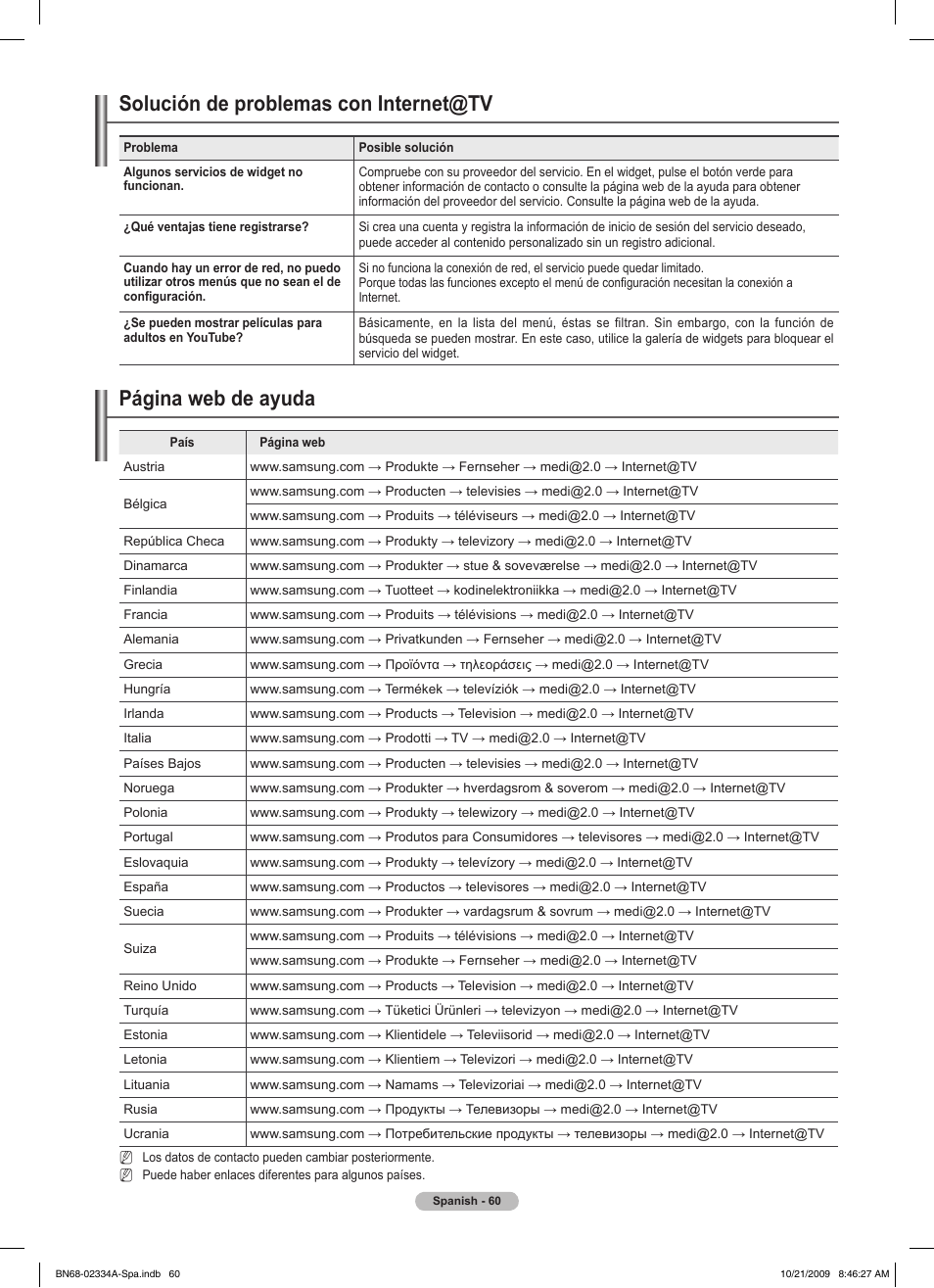 Solución de problemas con internet@tv, Página web de ayuda | Samsung PS58B850Y1P User Manual | Page 427 / 655