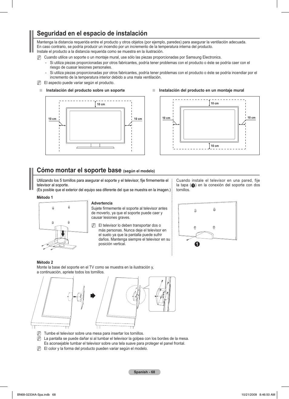 Seguridad en el espacio de instalación, Cómo montar el soporte base | Samsung PS58B850Y1P User Manual | Page 435 / 655