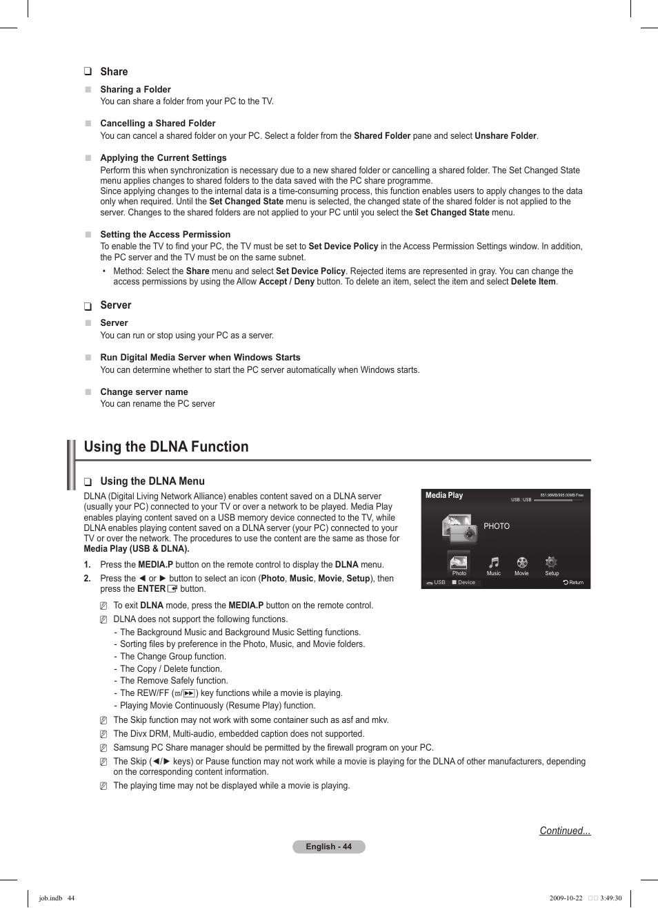 Using the dlna function, Share, Server | Using the dlna menu | Samsung PS58B850Y1P User Manual | Page 44 / 655