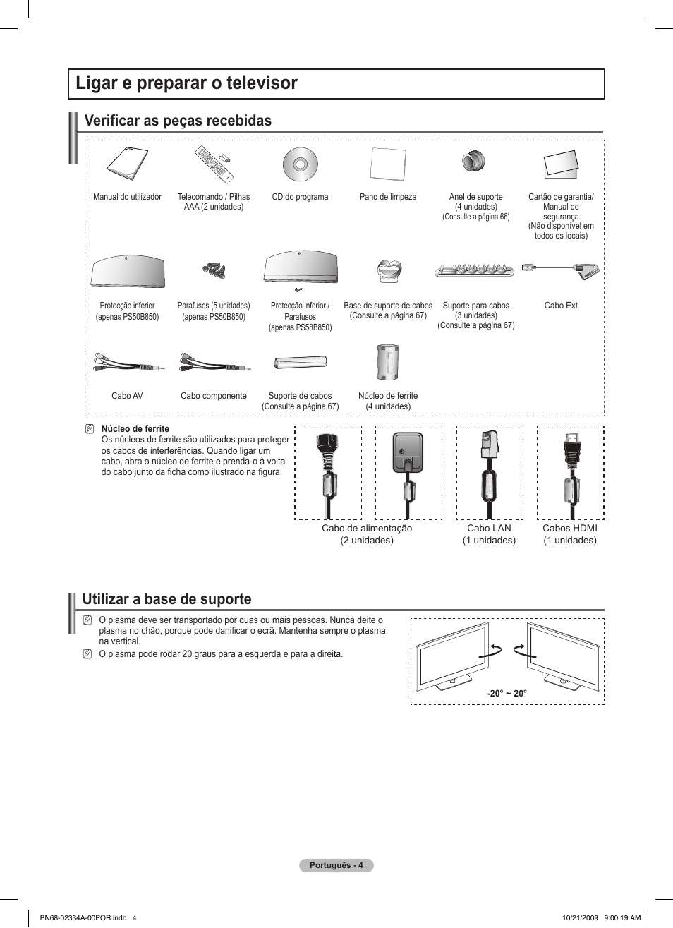 Ligar e preparar o televisor, Verificar as peças recebidas, Utilizar a base de suporte | Samsung PS58B850Y1P User Manual | Page 442 / 655