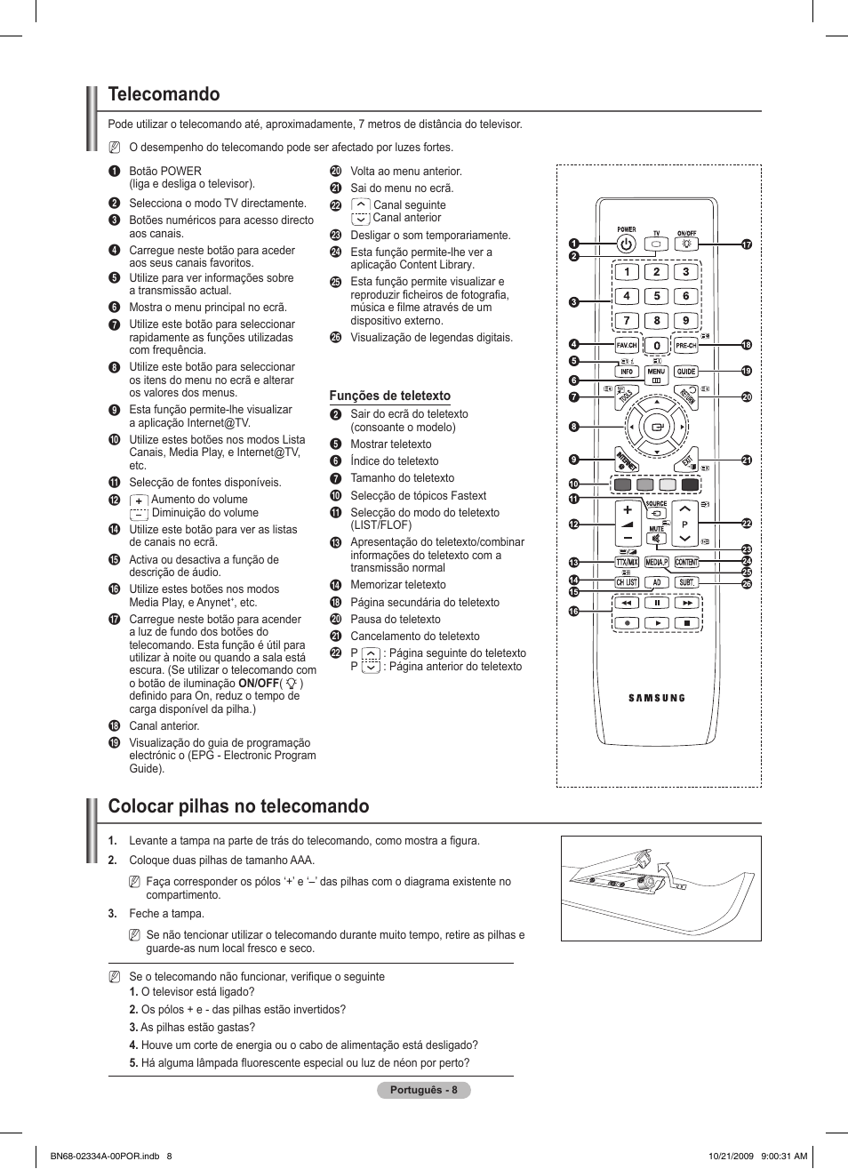 Telecomando, Colocar pilhas no telecomando | Samsung PS58B850Y1P User Manual | Page 446 / 655