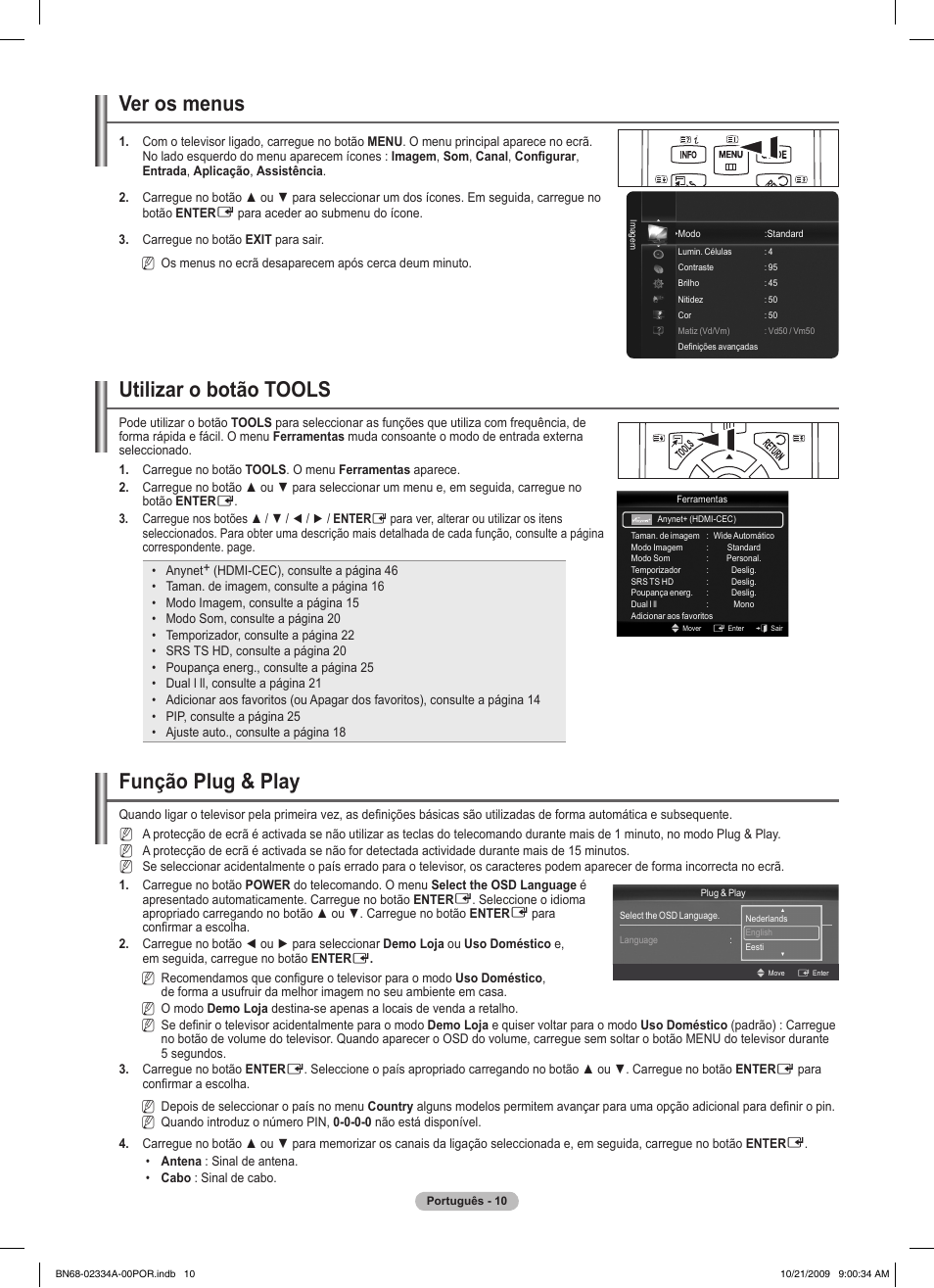 Ver os menus, Utilizar o botão tools, Função plug & play | Samsung PS58B850Y1P User Manual | Page 448 / 655