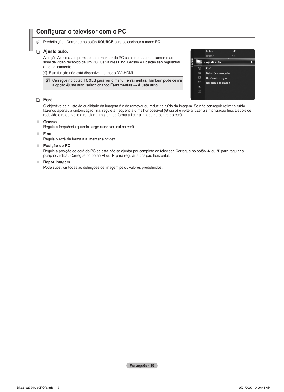Configurar o televisor com o pc, Ajuste auto, Ecrã | Samsung PS58B850Y1P User Manual | Page 456 / 655