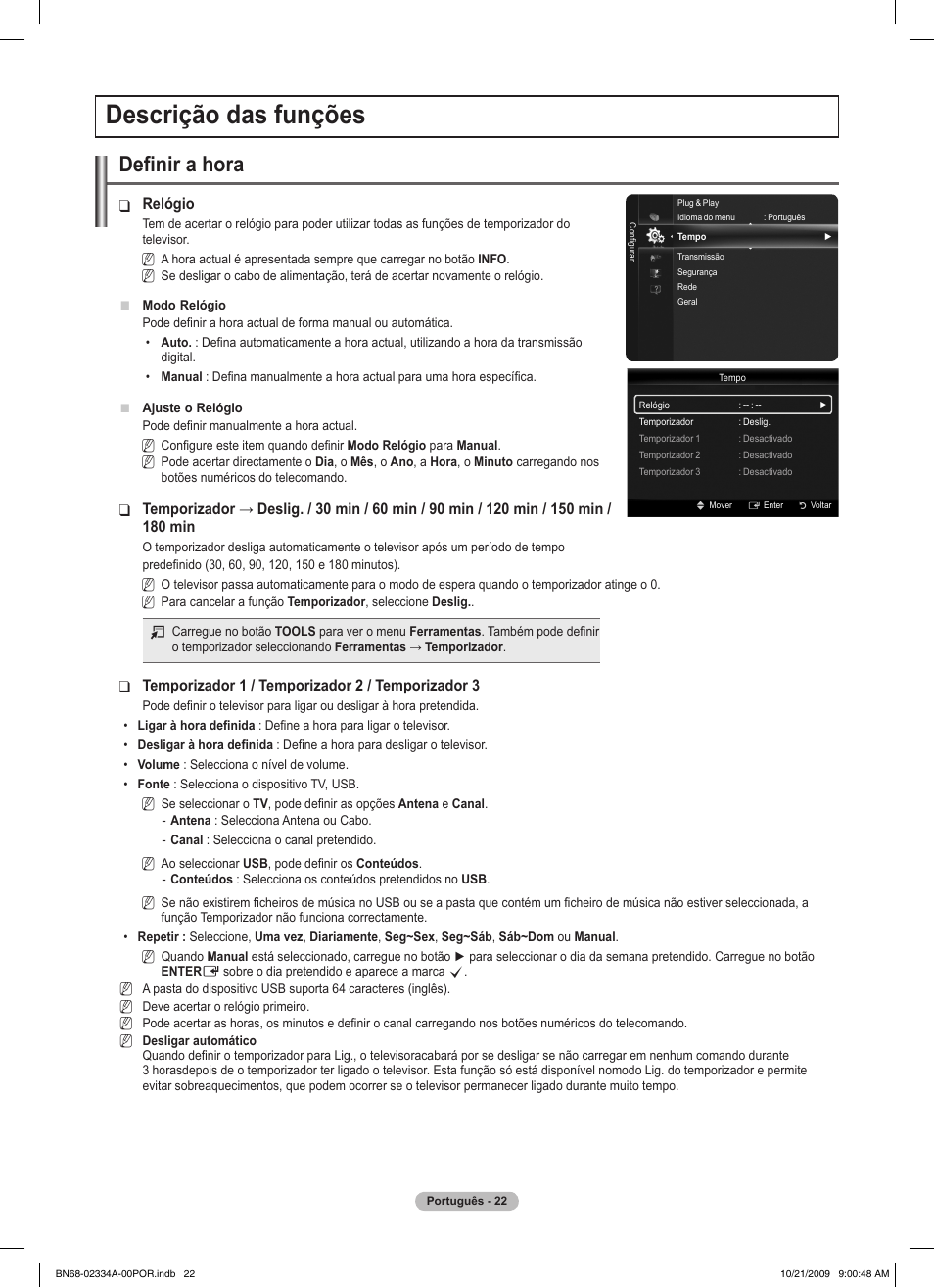 Descrição das funções, Definir a hora | Samsung PS58B850Y1P User Manual | Page 460 / 655