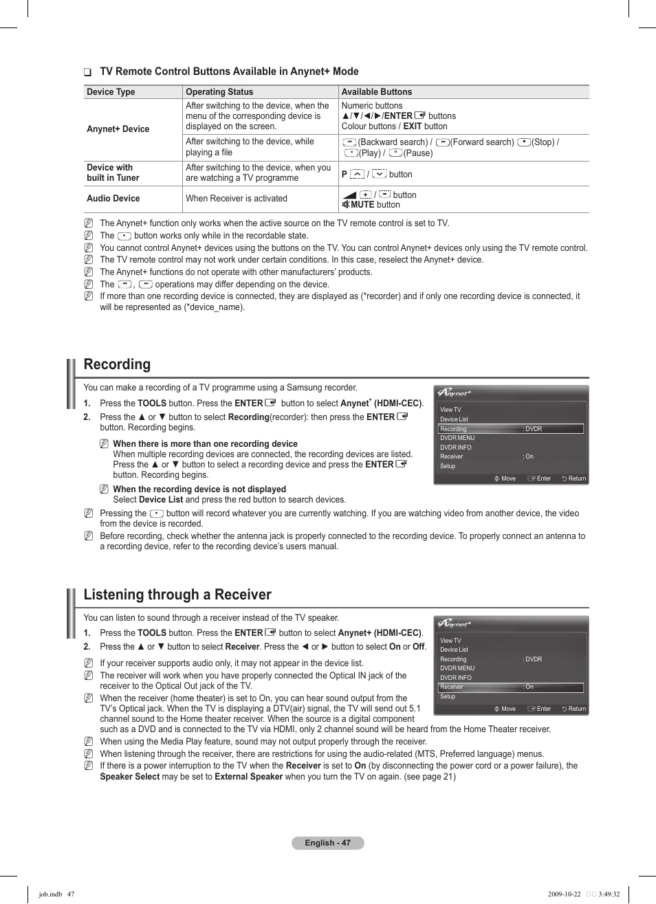 Recording, Listening through a receiver | Samsung PS58B850Y1P User Manual | Page 47 / 655