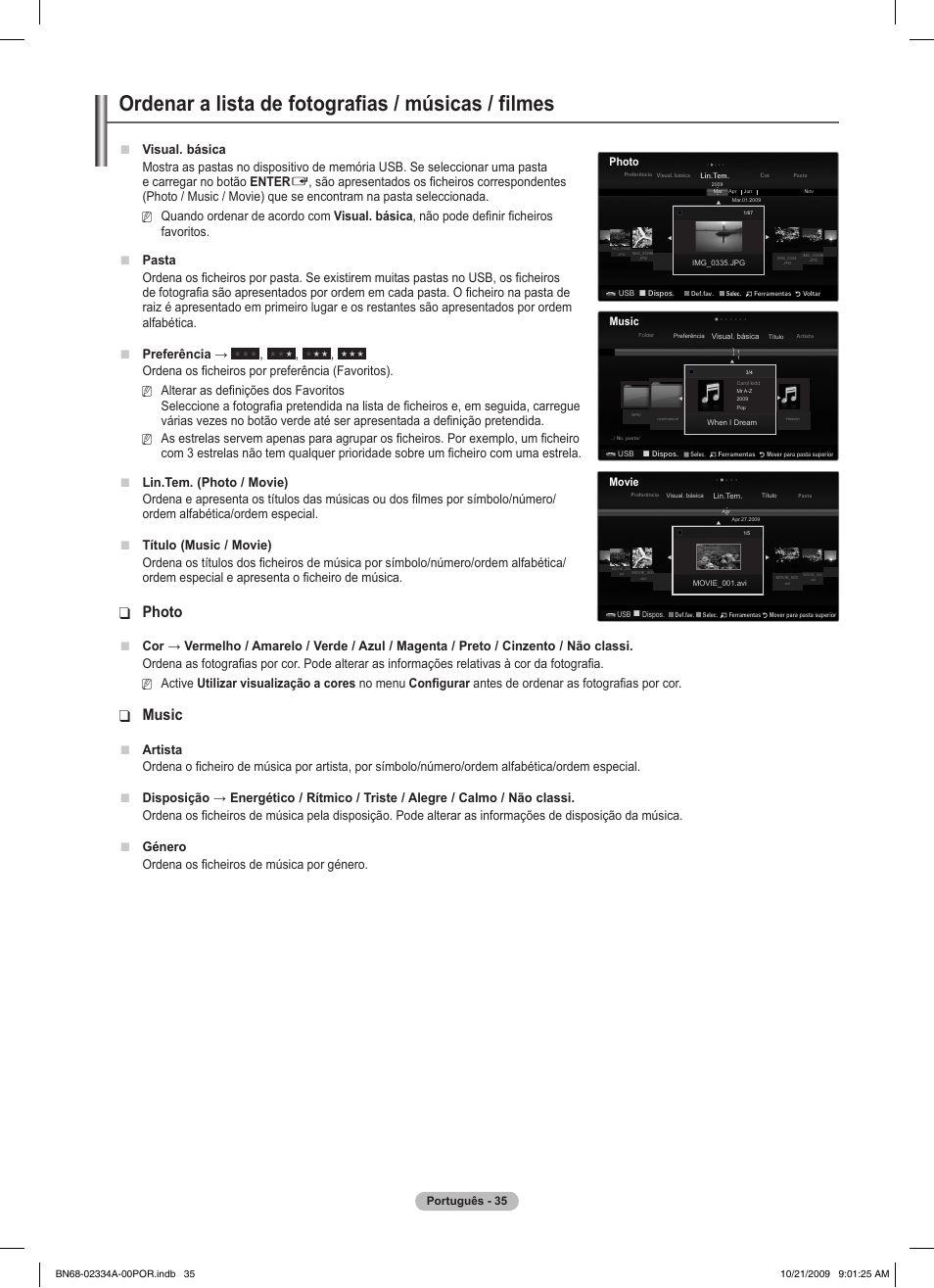 Ordenar a lista de fotografias / músicas / filmes, Photo, Music | Visual. básica, Artista, Ordena os ficheiros de música por género | Samsung PS58B850Y1P User Manual | Page 473 / 655