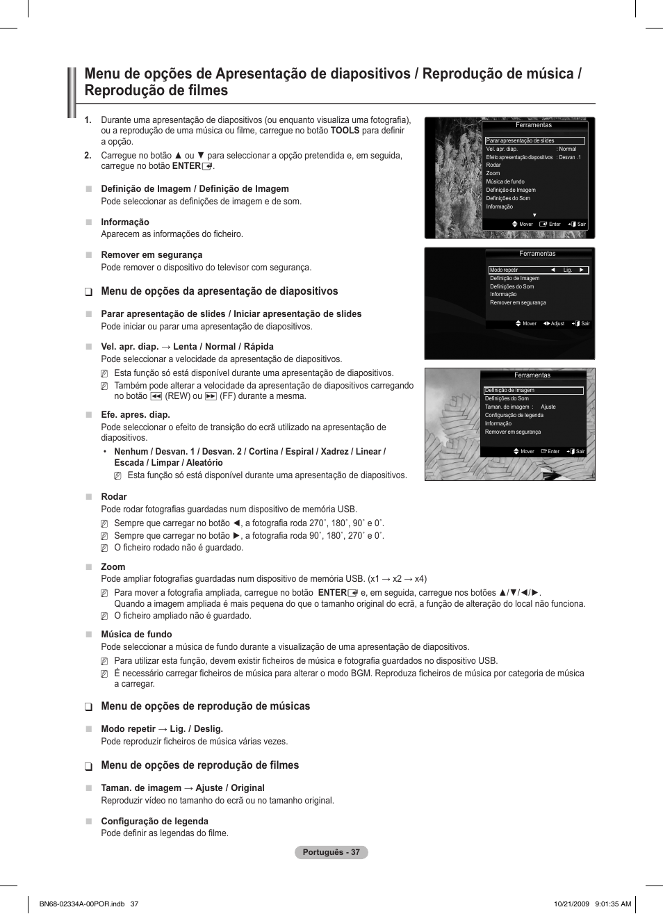 Menu de opções da apresentação de diapositivos, Menu de opções de reprodução de músicas, Menu de opções de reprodução de filmes | Samsung PS58B850Y1P User Manual | Page 475 / 655