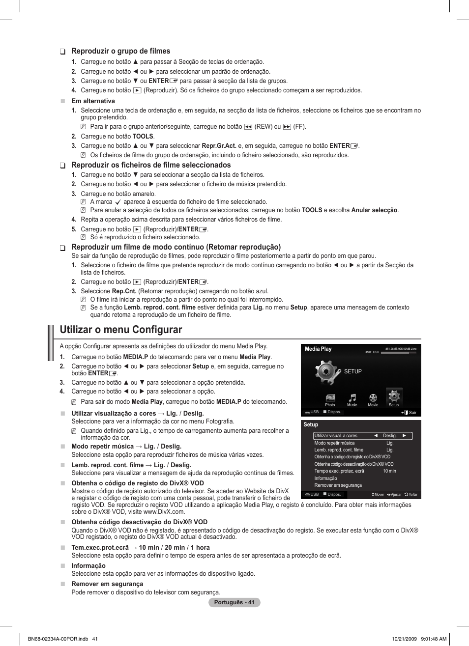 Utilizar o menu configurar, Reproduzir o grupo de filmes, Reproduzir os ficheiros de filme seleccionados | Samsung PS58B850Y1P User Manual | Page 479 / 655