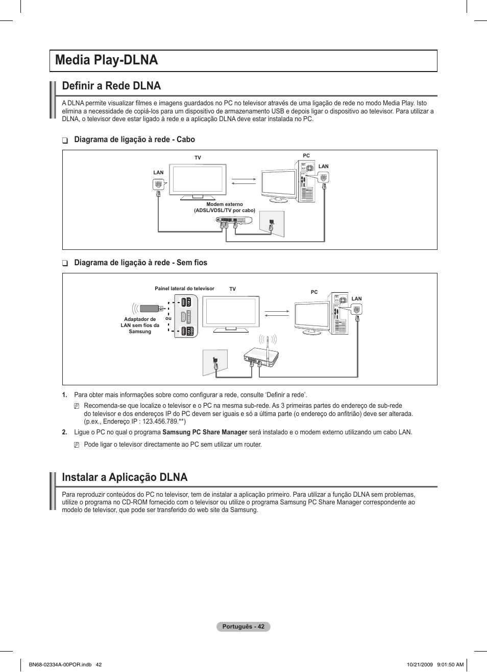 Media play-dlna, Definir a rede dlna, Instalar a aplicação dlna | Samsung PS58B850Y1P User Manual | Page 480 / 655