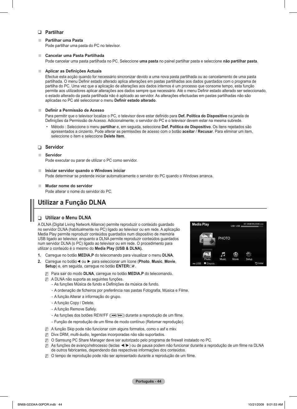 Utilizar a função dlna, Partilhar, Servidor | Utilizar o menu dlna | Samsung PS58B850Y1P User Manual | Page 482 / 655