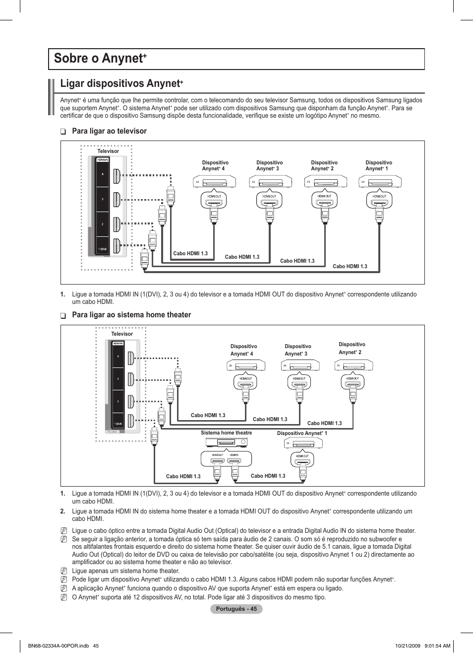 Sobre o anynet, Ligar dispositivos anynet, Para ligar ao televisor | Para ligar ao sistema home theater | Samsung PS58B850Y1P User Manual | Page 483 / 655
