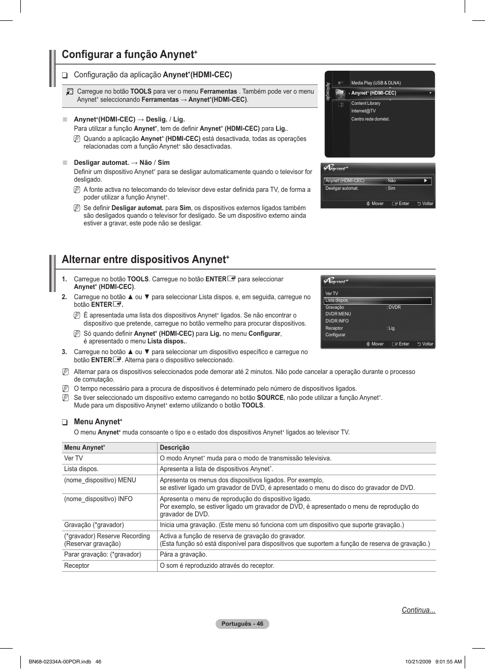 Configurar a função anynet, Alternar entre dispositivos anynet, Configuração da aplicação ❑ anynet | Hdmi-cec), Menu anynet | Samsung PS58B850Y1P User Manual | Page 484 / 655