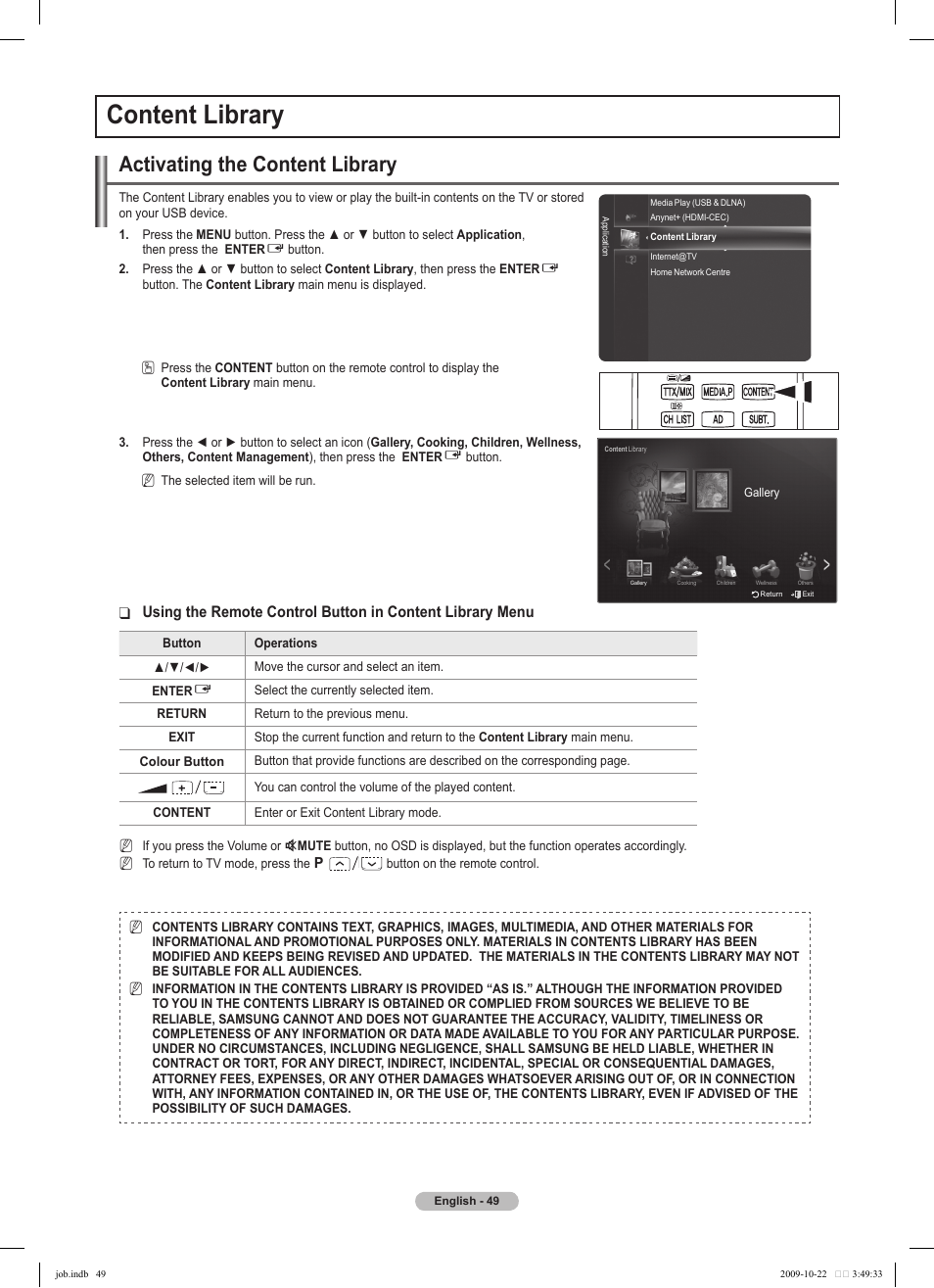 Content library, Activating the content library | Samsung PS58B850Y1P User Manual | Page 49 / 655