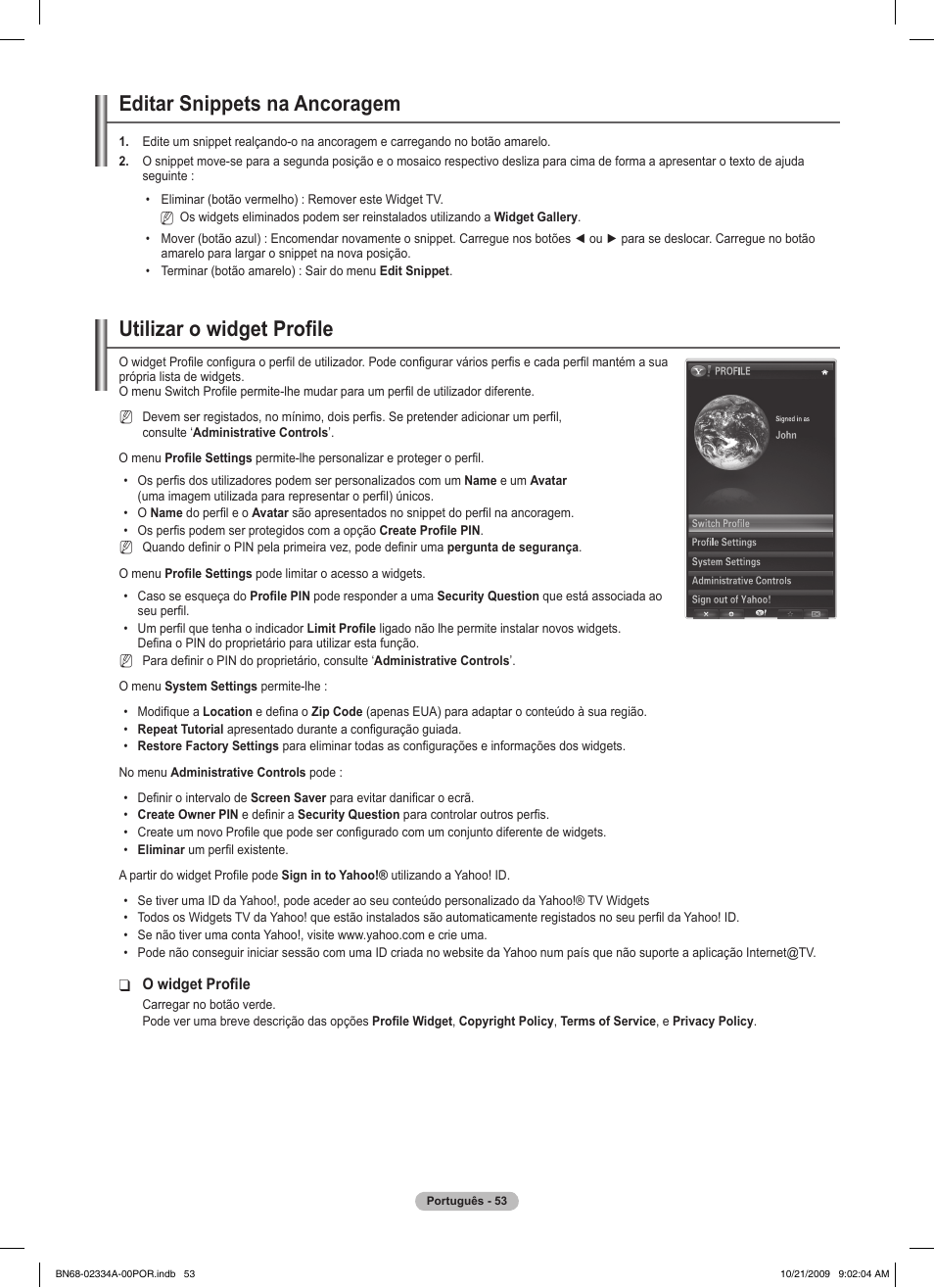 Editar snippets na ancoragem, Utilizar o widget profile | Samsung PS58B850Y1P User Manual | Page 491 / 655