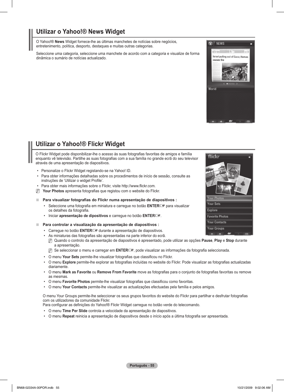 Utilizar o yahoo!® news widget, Utilizar o yahoo!® flickr widget | Samsung PS58B850Y1P User Manual | Page 493 / 655