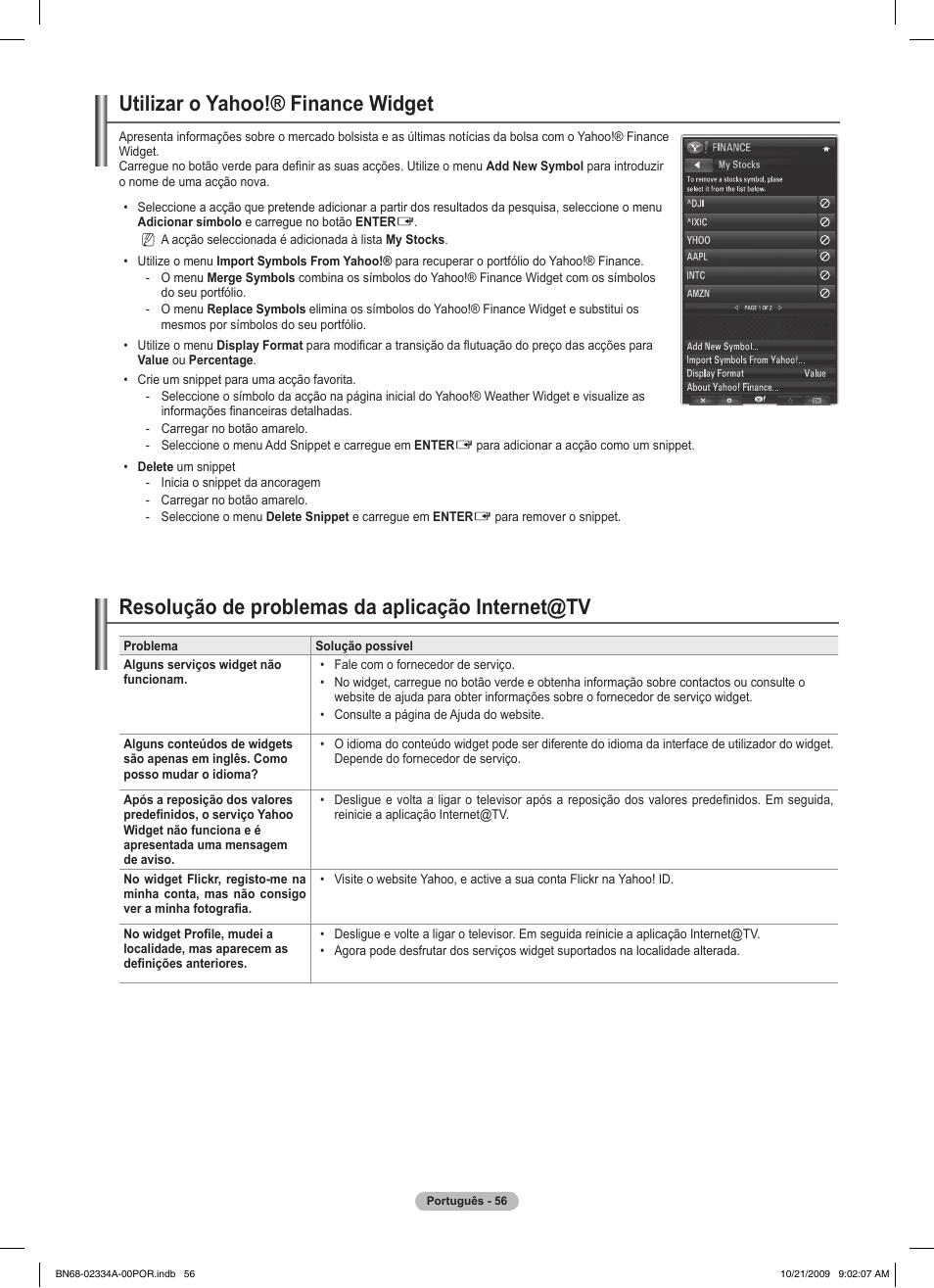 Utilizar o yahoo!® finance widget, Resolução de problemas da aplicação internet@tv | Samsung PS58B850Y1P User Manual | Page 494 / 655