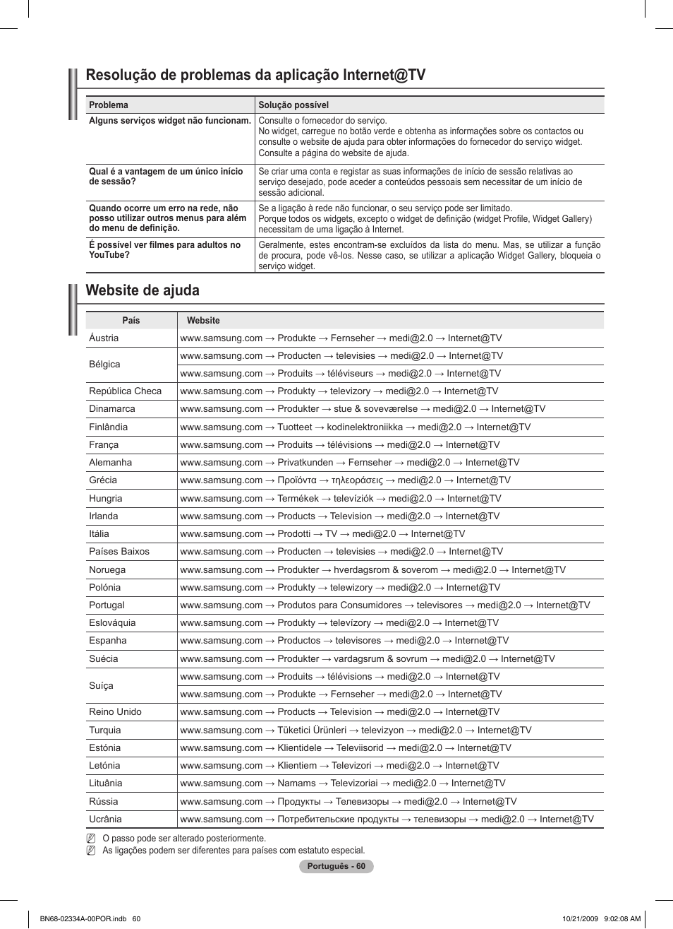 Resolução de problemas da aplicação internet@tv, Website de ajuda | Samsung PS58B850Y1P User Manual | Page 498 / 655