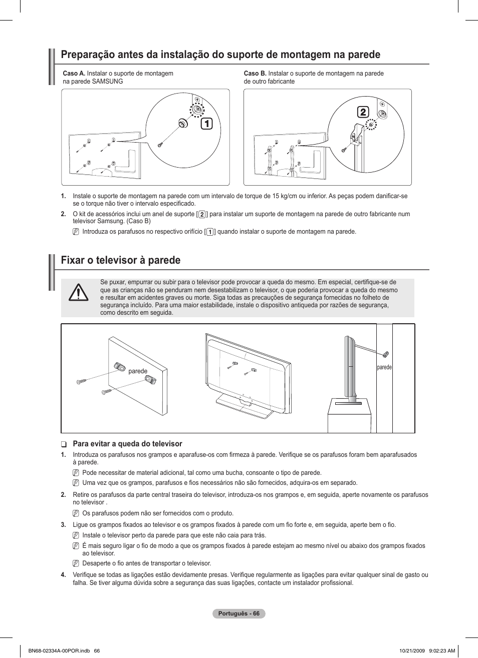 경고 주의 경고 주의, Fixar o televisor à parede | Samsung PS58B850Y1P User Manual | Page 504 / 655