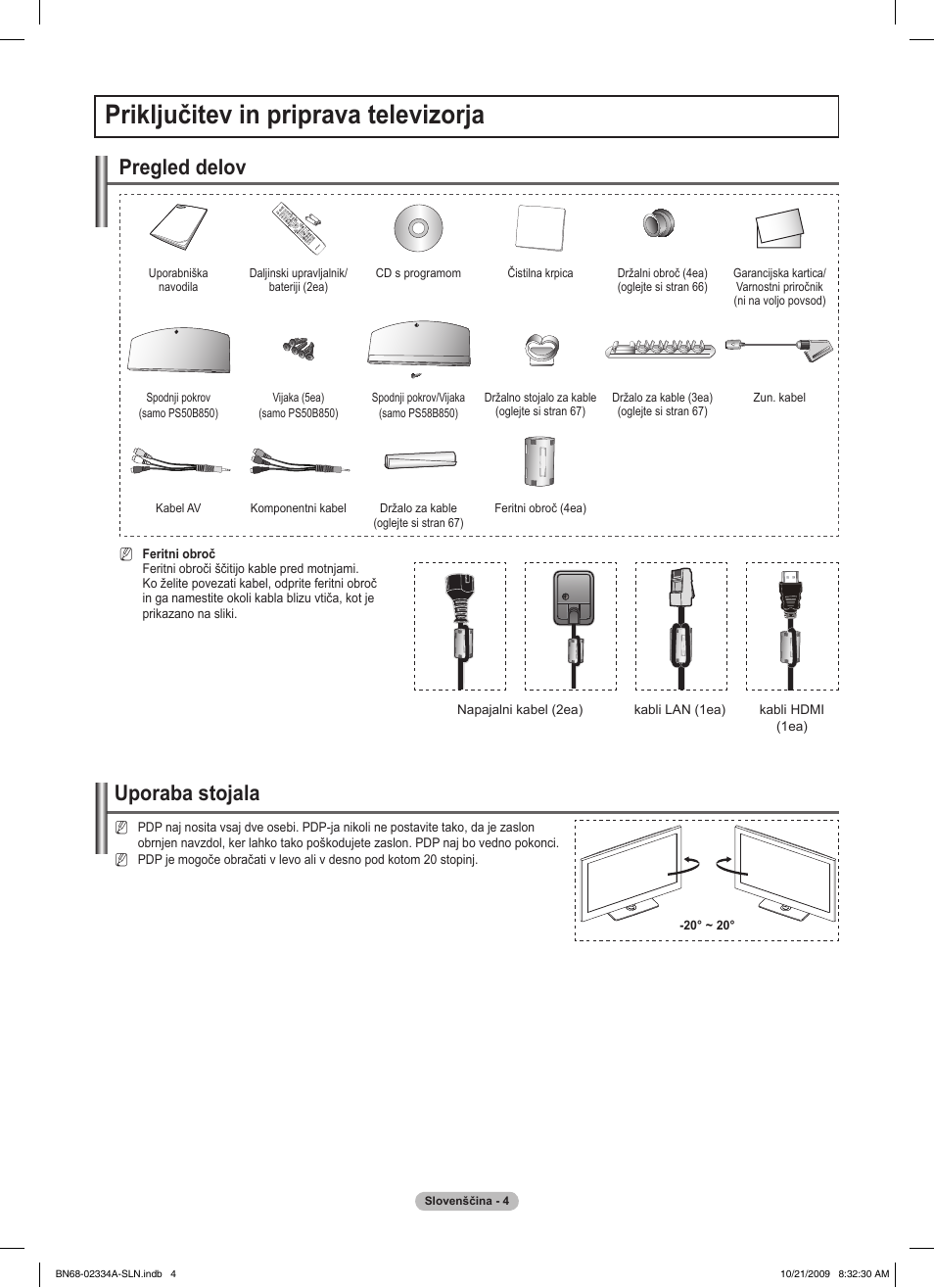 Priključitev in priprava televizorja, Uporaba stojala, Pregled delov | Samsung PS58B850Y1P User Manual | Page 513 / 655